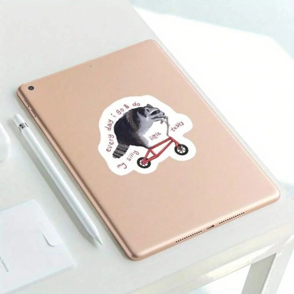 Gray red raccoon riding bike vinyl sticker decor laptop cup phone book tablet - Picture 4 of 8
